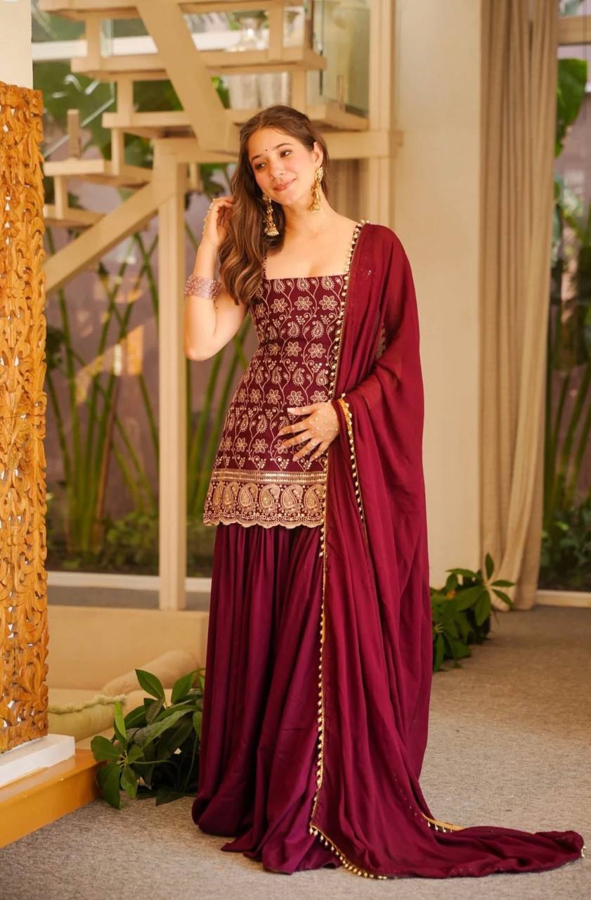 Deep Ruby Floral-Embroidered Silk Set